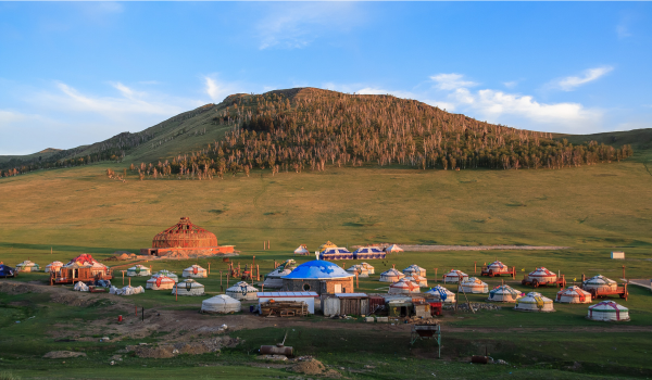 Camp de yourtes colorées en Mongolie devant une colline verdoyante sous un ciel bleu dégagé.