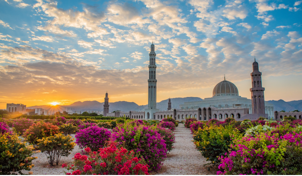Mosquée du Sultan Qaboos à Mascate au coucher de soleil, entourée de jardins fleuris et montagnes en arrière-plan.